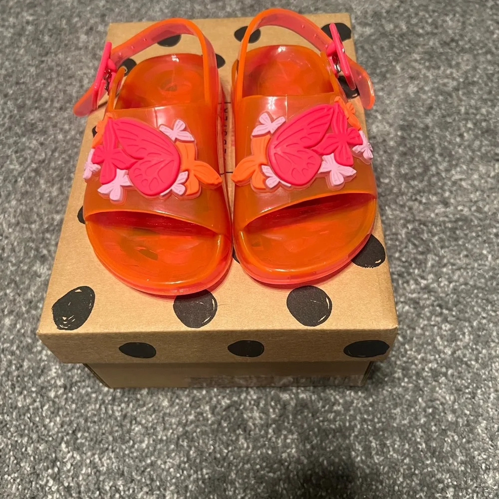 Sophia Webster Kids Neon Pink Orange Jelly Sandals with Butterfly Appliqué